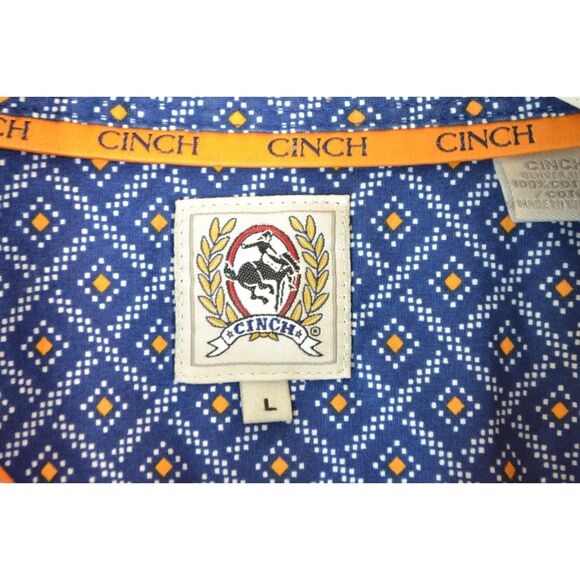 Cinch Men's Large Blue Orange Diamond Pattern Short Sleeve Button Down Shirt - Picture 4 of 13
